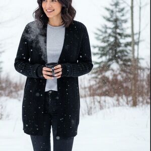 Merino Wool Black Ribbed Open-Front Sweater size Small